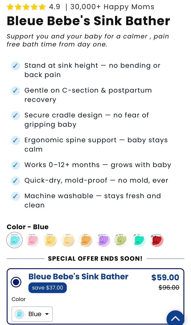 bébé Bleue NWT Soft Sink Baby Bath Light Blue Infant Bath Support